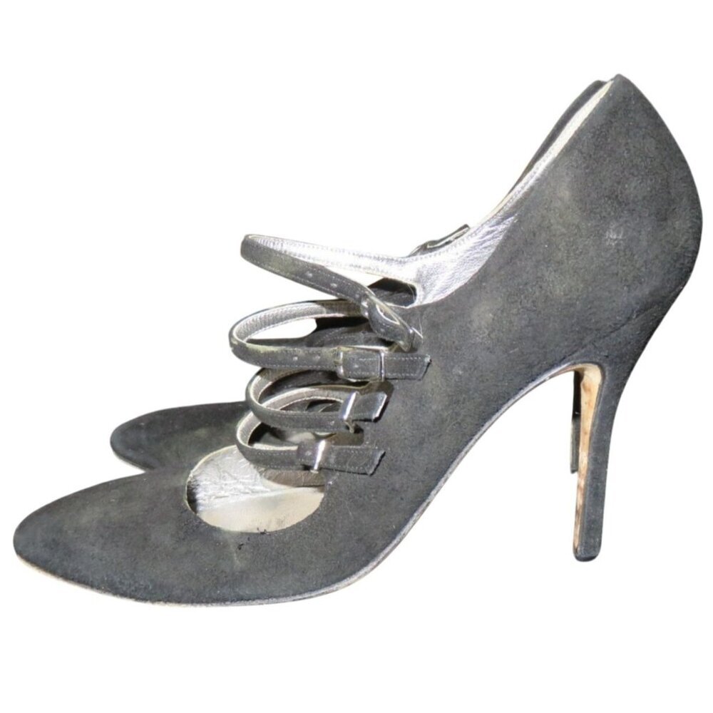 Manolo Blahnik Black Italian Suede Leather MaryJane Buckle pumps sz 38.5 or  8.5